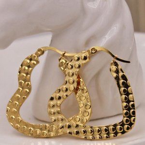 18K Yellow Gold Filled Heart Textured Dot Hoop Dangle Earrings Gorgeous Gift